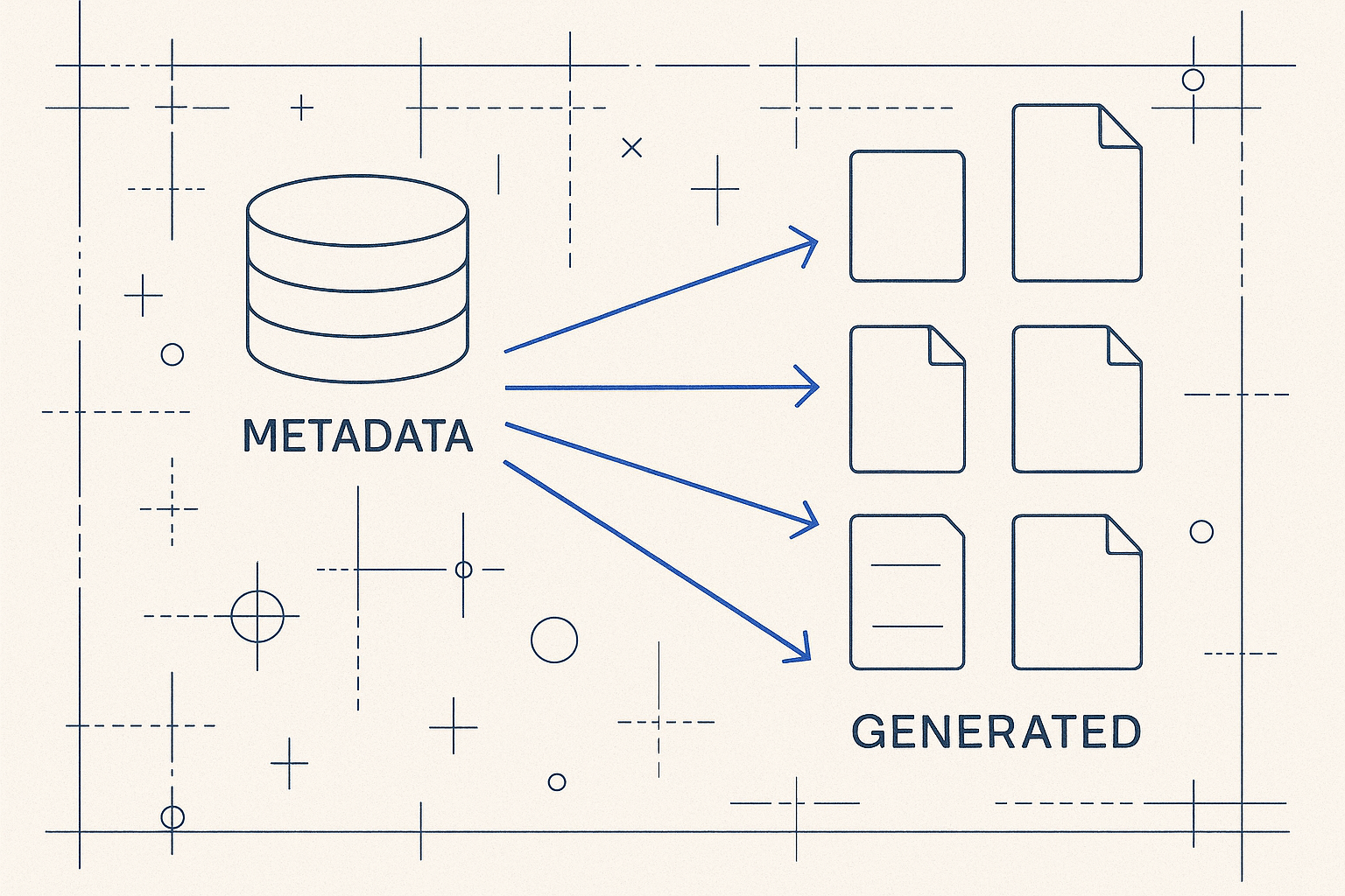A metadata database store on the left, with blue arrows fanning out to a set of generated output files on the right — DDL, dbt, pipelines, documentation and diagrams, all generated views of the metadata.